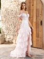 Sheath Off-the-Shoulder Appliques Lace Sweep Train Tulle Corset Dress