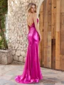 Sheath V-neck Bow Sweep Train Metallic Satin Dress
