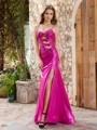 Sheath V-neck Bow Sweep Train Metallic Satin Dress