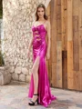 Sheath V-neck Bow Sweep Train Metallic Satin Dress