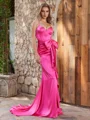 Sheath V-neck Bow Court Train Silk Like Satin Corset Dress