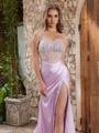 Sheath Straight Rhinestone Sweep Train Silk Like Satin Corset Dress