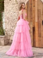 A-line Straps Cascading Ruffles Sweep Train Tulle Corset Dress