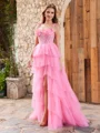 A-line Straps Cascading Ruffles Sweep Train Tulle Corset Dress