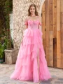 A-line Straps Cascading Ruffles Sweep Train Tulle Corset Dress
