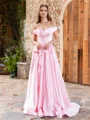 A-line Off-the-Shoulder Ruffles Sweep Train Silk Like Satin Dress