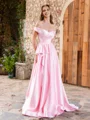 A-line Off-the-Shoulder Ruffles Sweep Train Silk Like Satin Dress