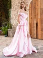 A-line Off-the-Shoulder Ruffles Sweep Train Silk Like Satin Dress