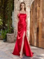 Sheath Spaghetti Straps Pleated Sweep Train Silk Like Satin Dress