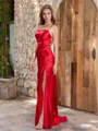 Sheath Spaghetti Straps Pleated Sweep Train Silk Like Satin Dress