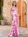 Sheath V-neck Cascading Ruffles Sweep Train Silk Like Satin Corset Dress