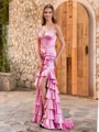 Sheath V-neck Cascading Ruffles Sweep Train Silk Like Satin Corset Dress