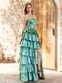 A-line Straight Cascading Ruffles Floor-Length Taffeta Dress