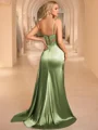 Sheath Spaghetti Straps Appliques Lace Sweep Train Silk Like Satin Corset Dress