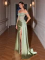 Sheath Off-the-Shoulder Appliques Lace Sweep Train Silk Like Satin Corset Evening Dress