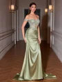 Sheath Off-the-Shoulder Appliques Lace Sweep Train Silk Like Satin Corset Evening Dress