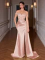 Sheath Off-the-Shoulder Appliques Lace Sweep Train Silk Like Satin Corset Evening Dress