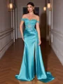 Sheath Off-the-Shoulder Appliques Lace Sweep Train Silk Like Satin Corset Evening Dress