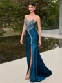 Sheath V-neck Rhinestone Sweep Train Corset Evening Dress