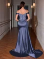 Sheath Cold Shoulder Appliques Lace Sweep Train Silk Like Satin Corset Evening Dress