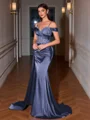 Sheath Cold Shoulder Appliques Lace Sweep Train Silk Like Satin Corset Evening Dress
