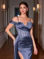 Sheath Cold Shoulder Appliques Lace Sweep Train Silk Like Satin Corset Evening Dress