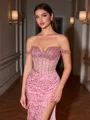 Sheath Off-the-Shoulder Beading Sweep Train Velvet Sequins Corset Evening Dress