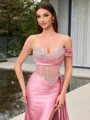 Sheath One-Shoulder Rhinestone Sweep Train Corset Evening Dress