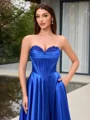 A-line Sweetheart Appliques Lace Sweep Train Silk Like Satin Corset Evening Dress