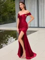 Sheath Off-the-Shoulder Pleated Floor-Length Silk Like Satin Corset Evening Dress
