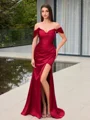 Sheath Off-the-Shoulder Pleated Floor-Length Silk Like Satin Corset Evening Dress