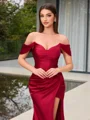 Sheath Off-the-Shoulder Pleated Floor-Length Silk Like Satin Corset Evening Dress