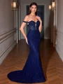 Sheath Off-the-Shoulder Appliques Lace Sweep Train Lace Corset Evening Dress