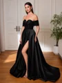 A-line Off-the-Shoulder Pleated Sweep Train Satin Corset Evening Dress