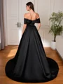A-line Off-the-Shoulder Pleated Sweep Train Satin Corset Evening Dress
