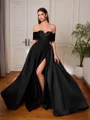 A-line Off-the-Shoulder Pleated Sweep Train Satin Corset Evening Dress