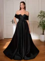 A-line Off-the-Shoulder Pleated Sweep Train Satin Corset Evening Dress