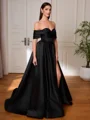 A-line Off-the-Shoulder Pleated Sweep Train Satin Corset Evening Dress