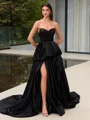 A-line Sweetheart Ruffles Chapel Train Satin Corset Evening Dress