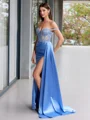 Sheath Off-the-Shoulder Appliques Lace Sweep Train Silk Like Satin Corset Evening Dress