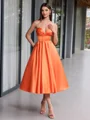 Ball-Gown Sweetheart Pleated Tea-Length Satin Corset Evening Dress