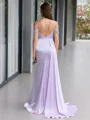 Sheath Cold Shoulder Pleated Sweep Train Silk Like Satin Corset Evening Dress