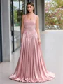 A-line Halter Beading Sweep Train Silk Like Satin Evening Dress