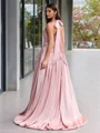 A-line Halter Beading Sweep Train Silk Like Satin Evening Dress