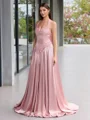 A-line Halter Beading Sweep Train Silk Like Satin Evening Dress