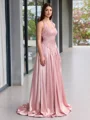 A-line Halter Beading Sweep Train Silk Like Satin Evening Dress