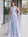 A-line One-Shoulder Rhinestone Sweep Train Evening Dress