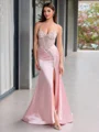 Sheath V-neck Rhinestone Sweep Train Silk Like Satin Corset Evening Dress