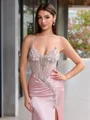Sheath V-neck Rhinestone Sweep Train Silk Like Satin Corset Evening Dress