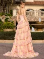 A-line Straight Cascading Ruffles Sweep Train Corset Prom Dress